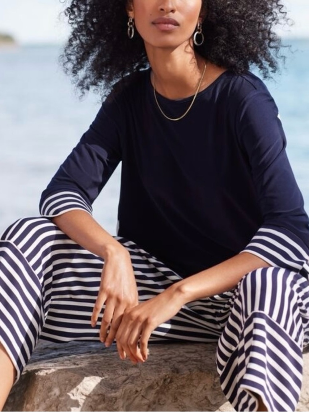 Joseph Ribkoff Midnight Navy Striped Wide Leg Culotte Pants Size 6 Style 221341 - Picture 4 of 12
